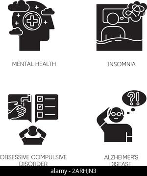 Ensemble d'icônes de glyphe de trouble mental. Insomnie et privation de sommeil. Syndrome obsessionnel-compulsif. La maladie d'Alzheimer. Démence de vieillesse. Silhouette Illustration de Vecteur