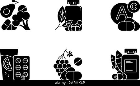 Jeu d'icônes de glyphe d'apport de vitamine. Légumes et fruits pour la santé. Aide pharmaceutique. Supplément de régime. Médicaments et pilules. Complexe multivitamine. Illustration de Vecteur
