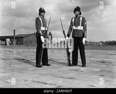 Abdication Reine Wilhelmina/Inauguration Des Préparations De La Reine Juliana. Les 425 nouveaux uniformes de gala pour trois entreprises honoraires des Gardériments Grenadiers (avec la Chapelle militaire royale), Hunters et Fuseliers PrinseSiren (photo) ont été conçus par l'illustrateur-dessinateur F.J.H. .Th.Smits. Les fonds nécessaires (300 000) ont été collectés par des particuliers. Un comité d'achat avec une grande poussée s'est assuré que les nouveaux vêtements étaient prêts à temps. Le 1er septembre 1948, les uniformes ont été admirés au camp de Zeeburg à Amsterdam. Date : 1er Septembre 1948 Lieu : Amsterdam, Noord-Holland Mot-Clé Banque D'Images