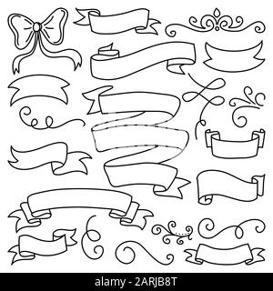Ensemble de jolis rubans dans un style doiche. Illustration vectorielle créative de rubans, arcs sur fond blanc isolé. Grand jeu de cadres isolés dessinés à la main Illustration de Vecteur