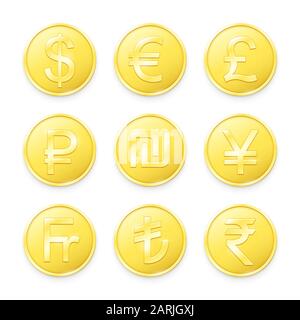 Pièces en or avec symboles des principales devises du monde. Illustration vectorielle Illustration de Vecteur
