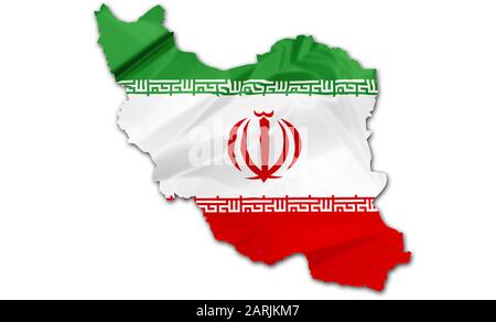 Drapeau iranien sur la carte politique, isolé sur fond blanc. Illustration de la frontière tridimensionnelle du drapeau de la République islamique d'Iran. Banque D'Images