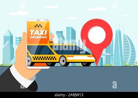 Concept d'application de service de commande de taxi. Smartphone portable avec géolocalisation gps, code PIN, adresse d'arrivée sur la rue de la ville et taxi jaune moderne. En ligne obtenir l'application de taxicab illustration de vecteur plat Illustration de Vecteur