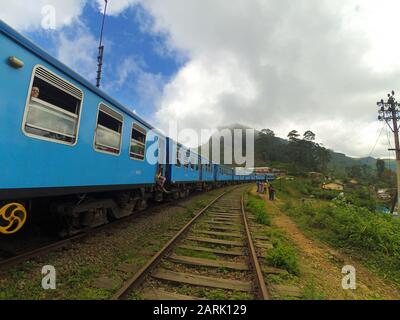 Le train de passagers avec les touristes passe à travers le vert la jungle du Sri Lanka. Banque D'Images