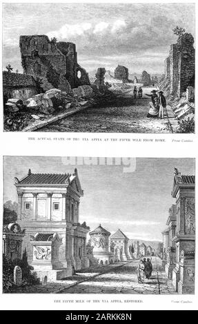 Gravure de la Voie Appienne à huit kilomètres de Rome, avant et après les travaux de restauration Banque D'Images