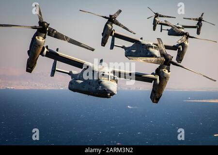 Les Marines américains avec Marine à rotors basculants moyen (VMM) de l'Escadron 364, joints à but spécial Groupe Force-Crisis Response-Central air-sol marin, la commande MV-22 voler plusieurs balbuzards pendant une simulation de air-raid dans le cadre du Moyen-orient les commandants amphibie Symposium, le 24 septembre 2019. Le SPMAGTF-CR-CC est un fournisseur de force multiples conçu pour utiliser la masse, la logistique et les capacités de l'air dans toute la zone de responsabilité du Commandement central. (U.S. Marine Corps photo par le Sgt. Branden Bourque) Banque D'Images