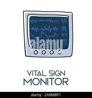 Illustration de l'icône plate médique dessinée à la main du moniteur de signes vitaux EKG Illustration de Vecteur