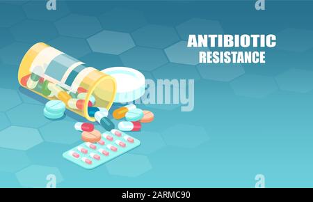 Vecteur de capsules antibiotiques qui débordent de flacon. Concept de problème de résistance multi-médicaments. Illustration de Vecteur