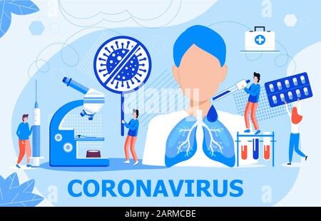 Concept de vecteur de coronavirus pour la page d'accueil, la bannière, l'affiche. De minuscules médecins traitent le patient. Arrêter le signe CoV. Réanimation, ventilation pulmonaire pour sauver un Illustration de Vecteur