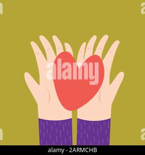 Deux mains tenant une illustration de dessin animé vectoriel du cœur. Vue de dessus. Saint Valentin, amour, relations. Symbole De Charité Illustration de Vecteur