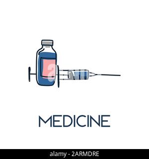 médecine - srynge et vaccin minimaliste hors ligne dessinée à la main medic plate illustration Illustration de Vecteur