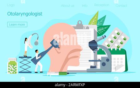 Modèle Web vectoriel otolaryngologiste pour la page d'accueil, en-tête. De minuscules médecins traitent et exéguent l'oreille, le nez et la gorge du patient. Santé d'Otolaryngologie Illustration de Vecteur