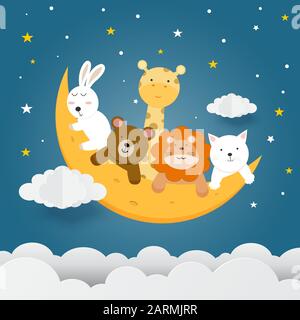 Animaux mignons sur la lune avec étoiles, nuages et fond de ciel de nuit, illustration vectorielle Illustration de Vecteur
