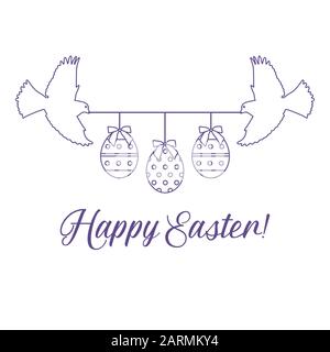 Illustration vectorielle Deux oiseaux tiennent la corde avec des œufs de Pâques décorés avec des arcs, inscription Joyeuses Pâques sur fond blanc. Ambiance festive. Surpris Illustration de Vecteur