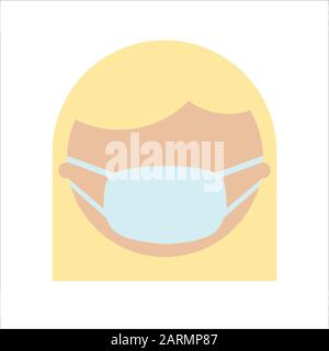 Femme blonde européenne en masque, caractère plat. Visage féminin dans le masque respiratoire. Avertissement de quarantaine. Épidémie de coronavirus.pollution atmosphérique. Bactérias et vi Illustration de Vecteur