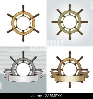Ensemble de quatre arrière-plans vectoriels de gouvernail de navire. Volant de bord avec bannière vierge et espace pour votre texte. Illustration des eps8 vectorielles. Illustration de Vecteur