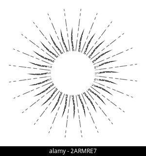 Dessin linéaire des rayons du soleil dans un style vintage. Sunburst isolé sur fond blanc. Symbole rétro stylisé du soleil. Vecteur de contour de lumière du soleil illustr Illustration de Vecteur