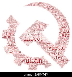 Wuhan coronavirus concept pandémique dans le mot tag nuage sur le symbole communiste rouge, marteau et faucille, arrière-plan. Éclosion de coronavirus 2019-nCoV Banque D'Images