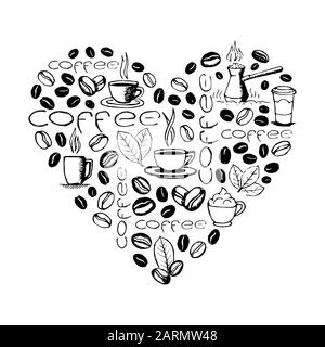 Forme de coeur remplie de nouilles de café dessinées à la main isolées sur fond blanc. Tasse à café, cizve, haricots, feuilles de symboles et lettrage. Vecteur esquisse e Illustration de Vecteur