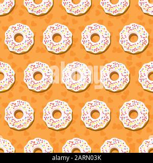 Motif sans couture beignet. Beignets de sucre sucré dans le glaçage blanc sur fond orange crémeux. Décoration de boulangerie alimentaire. Illustration des eps8 vectorielles. Illustration de Vecteur