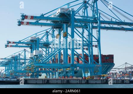 Rotterdam, Pays-Bas - 30 juillet 3019: Estelle Maersk un navire à conteneurs danois allongé dans le port de Rotterdam est débarqué Banque D'Images