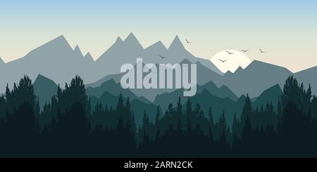 Montagnes Paysage. Paysage rural avec montagnes de lever de soleil et coucher de soleil. Illustrateur vectoriel. Papier mural. Illustration de Vecteur