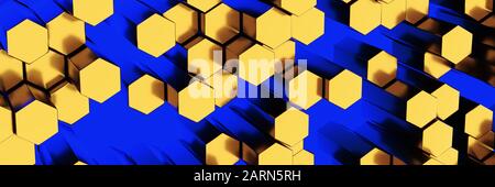 Mur d'or de nid d'abeilles. Panorama Du Mur Des Cubes Chaotiques Arrière-Plan. Rendu tridimensionnel Banque D'Images