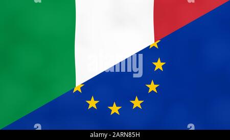 Drapeau divisé italien et européen. Concept de Brexit de sortie de l'Union européenne par l'Italie. Banque D'Images