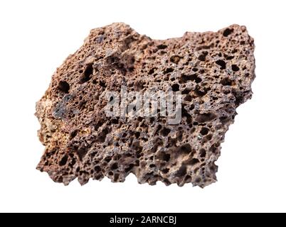 Gros plan de l'échantillon de minéraux naturels de la collection géologique - roche Ponce brune rugueuse isolée sur fond blanc Banque D'Images