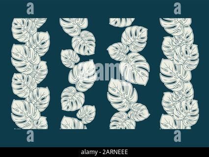 Monstera frontière perméable ensemble diviseur vertical ou collection d'ornement décoratif de répéter en blanc et bleu Illustration de Vecteur