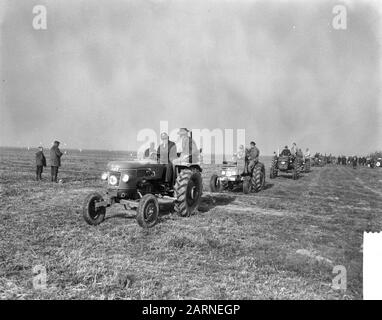 L'équipe nationale se dispute 1965 à Swifterbant Tractors avec des équipes qui partent pour les champs de l'équipe Date: 26 octobre 1965 lieu: Flevoland, Swifterbant mots clés: Arable, culture, outils agricoles, tracteurs, concours Banque D'Images