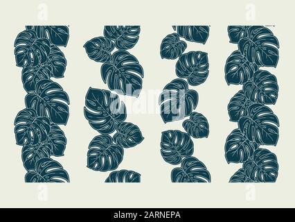 Monstera frontière perméable ensemble diviseur vertical ou collection d'ornement décoratif de répéter en blanc et bleu Illustration de Vecteur