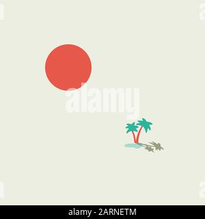 Lac oasis du désert avec deux palmiers au milieu des sables et grand soleil chaud concept vecteur fond d'affiche illustration isolé sur fond blanc Illustration de Vecteur