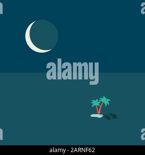 Oasis du désert de nuit lac avec deux palmiers au milieu des sables et big lune froide vector illustration papier peint poster concept isolated on white Illustration de Vecteur