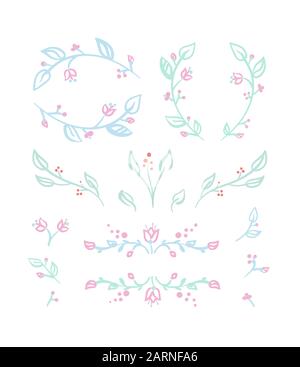 Série de vignettes floral, brindilles, des cadres, des couronnes et des éléments de mariage avec fleurs de tulipe et de baies dans des couleurs pastel bleu, rose et menthe gre Illustration de Vecteur