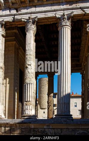 Temple romain à Auguste et Livia, gros plan; vue à travers des colonnes de pierre, vestiges anciens, ruines anciennes, Vienne, France, été, vertical Banque D'Images