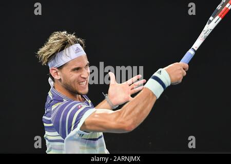 29 janvier 2020: 5ème graine DOMINIC THIEM (AUT) en action contre 1ère graine RAFAEL NADAL (ESP) sur Rod laver Arena dans un match de carrière Simple pour Homme le jour 10 de l'Open d'Australie 2020 à Melbourne, Australie. Sydney Low/Cal Sport Media Banque D'Images