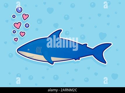 Autocollant requin sur fond bleu avec bulles et coeurs. Poissons d'océan. Vie sauvage marine sous-marine. Illustration vectorielle. Illustration de Vecteur