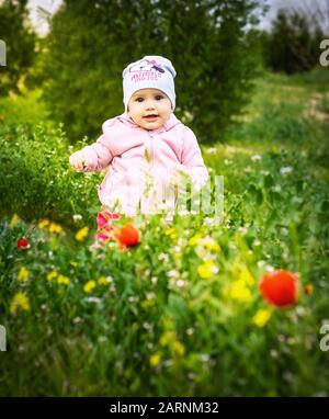 portrait d'une fille de 10 mois dans le champ floral d'une journée bien remplie. Banque D'Images