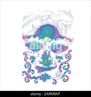 Illustration au néon d'un visage méditatif avec un fond de lune ornementale. Illustration de Vecteur