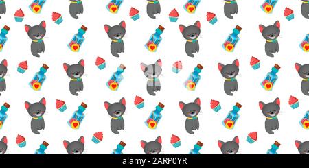 Motif conte de fées sans couture. Alice au pays des merveilles. À travers le verre de regard. Cheshire chat et une bouteille de potion magique. Illustration vectorielle. Enfants Illustration de Vecteur