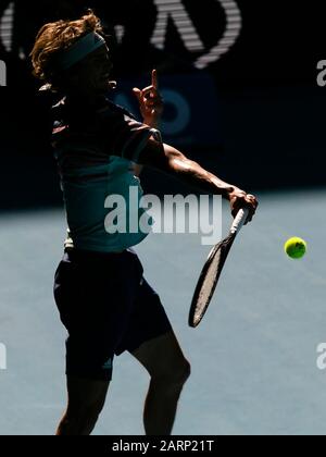 Melbourne, Australie. 29 janvier 2020. Alexander Zverev, d'Allemagne, est en action lors de son match De Finale De Quart lors du tournoi de tennis australien Open Grand Chelem de Melbourne, en Australie. Frank Molter/Alay Live News Banque D'Images