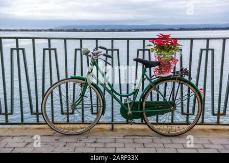 Vélo rétro avec Poinsettia fleur sur Alfeo Promenade du l'île d'Ortygie, partie historique de la ville de Syracuse, Sicile, Italie Île Banque D'Images