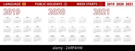 2019, 2020, 2021 ans de calendrier vectoriel en langue espagnole, la semaine commence le dimanche. Calendrier vectoriel. Illustration de Vecteur
