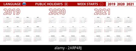 2019, 2020, 2021 ans de calendrier vectoriel en langue slovène, la semaine commence dimanche. Calendrier vectoriel. Illustration de Vecteur
