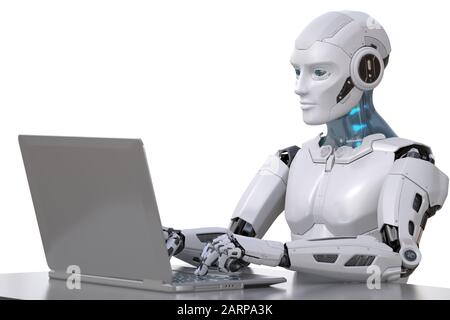 Le robot fonctionne avec un ordinateur portable. Chemin d'écrêtage inclus. Illustration tridimensionnelle Banque D'Images