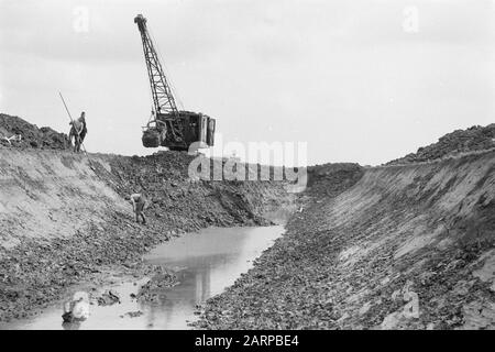 Kanalisation Maurikse Wetering. Dragline et travailleurs Date: 1950 lieu: Betuwe, Gueldre mots clés: Jardinage, plongeurs, fossés de creusage et d'amortissement, égouts de ponte, normalisation des cours d'eau Banque D'Images