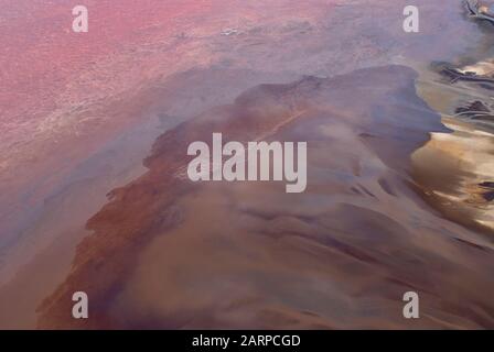 Photosynthèse des pigments des bactéries cyanobactéries bleu-vert transforme le lac Natron en une couleur rouge étonnante (vue aérienne) Banque D'Images