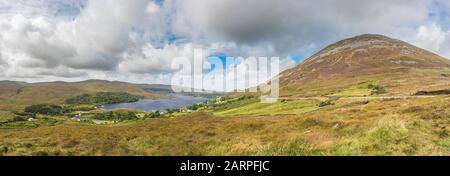 Panorama sur Dunlewy Lough et Mont Errigal, Dunlewy, Comté de Donegal, Irlande Banque D'Images