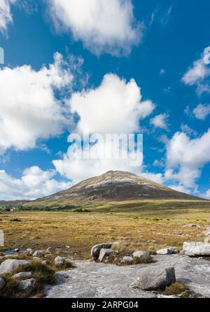 En regardant vers le Mont Errigal, l'une des montagnes les plus emblématiques de l'Irlande, de rocheux de granit Donegal principale près de Dunlewy, comté de Donegal, Irlande Banque D'Images